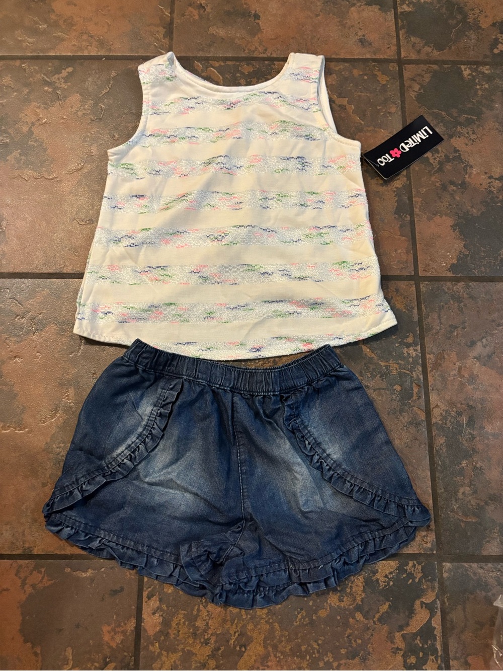 🧡Limited Too White Tank Top & Denim-Style Ruffle Shorts Set - Pastel Stripes